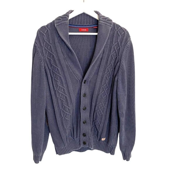 IZOD Cable Knit Cardigan Sweater‎ Men's M Vintage Elbow Patches Grandpacore - Picture 1 of 8